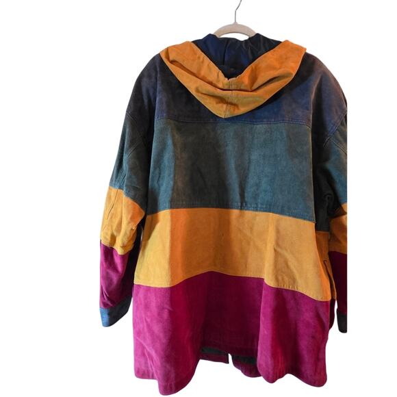 Vtg 90s Y2K Colorblock Stripped Leather Trench Coat Hood Outdoor Exchange L Read - Picture 2 of 15